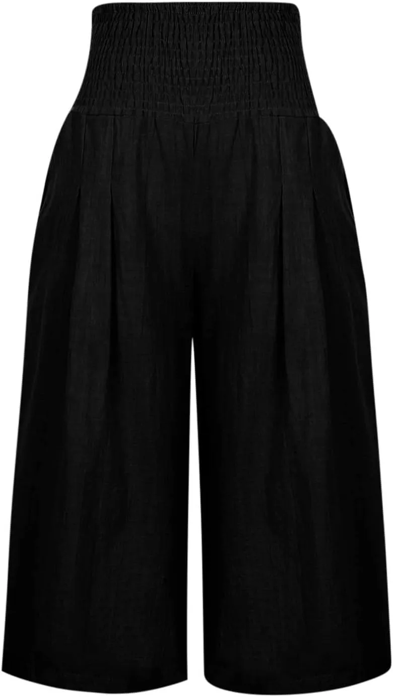 Womens Linen Palazzo Capri with Pockets Smocked High Waist Wide Leg Pants Casual Loungewear Flowy Summer Bottoms