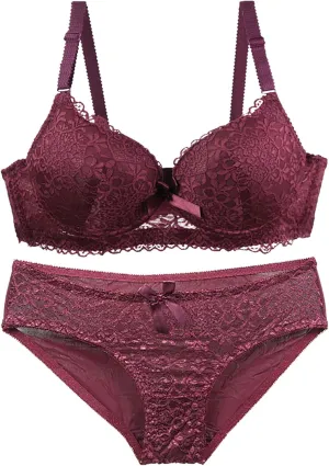 Women's Lingerie Sets 2 Piece Lace V Neck Push Up Full Coverage Bra and Panty Set Support and Lift Bralettes