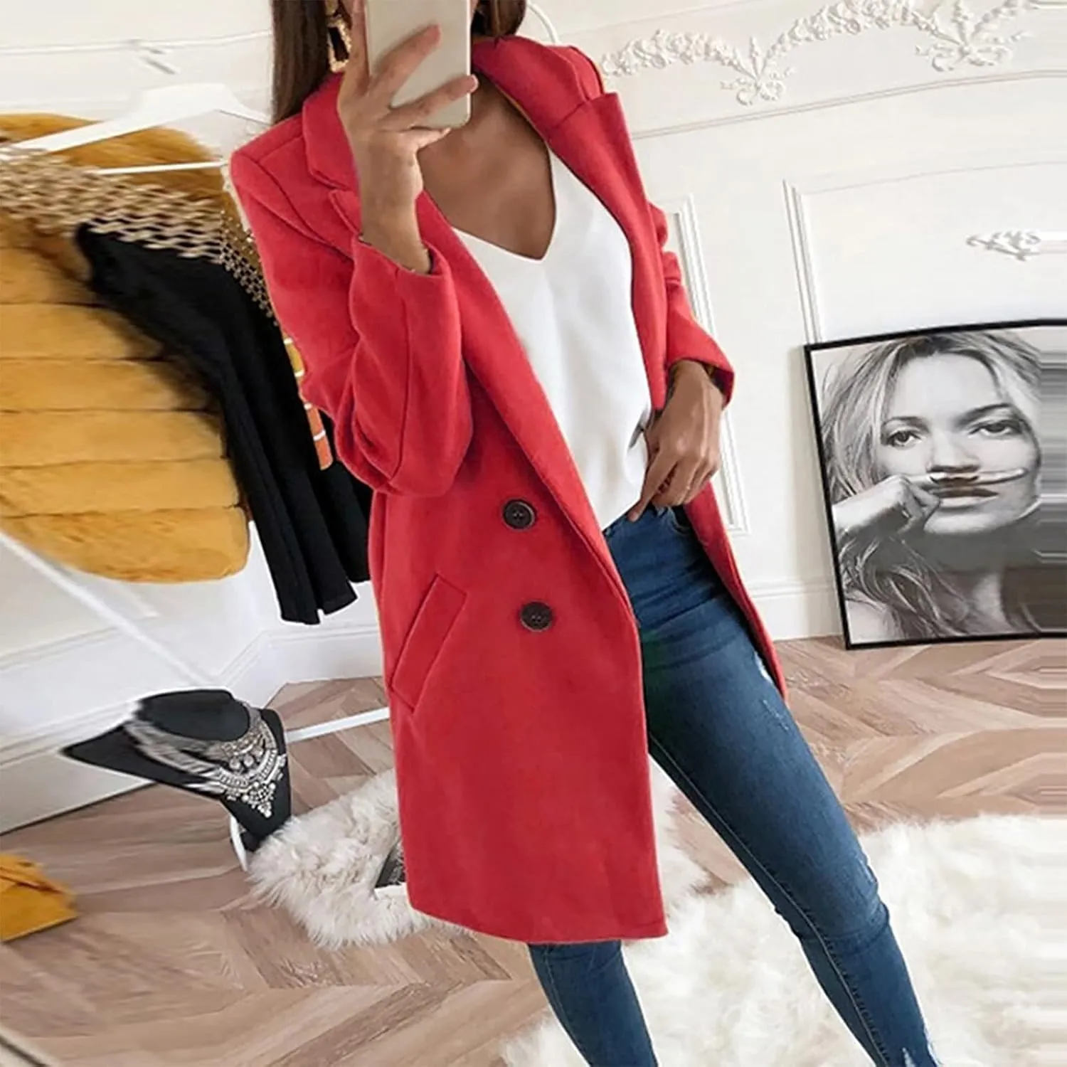 Womens Long Blazers Wool Blend Double Breasted Jackets Fall Winter Basic Warm Outwear Casual Work Office Lapel Coats