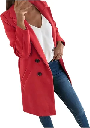Womens Long Blazers Wool Blend Double Breasted Jackets Fall Winter Basic Warm Outwear Casual Work Office Lapel Coats