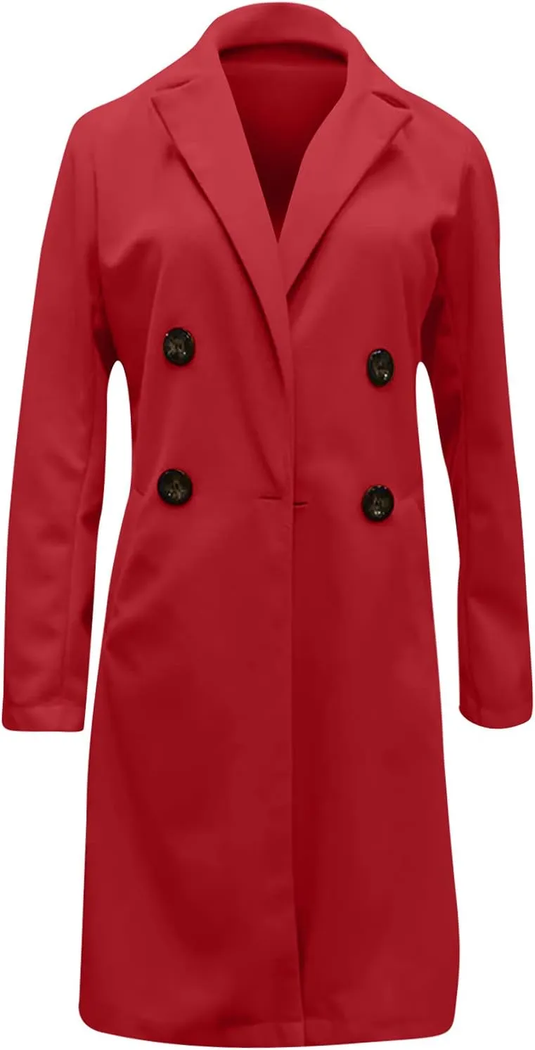 Womens Long Blazers Wool Blend Double Breasted Jackets Fall Winter Basic Warm Outwear Casual Work Office Lapel Coats