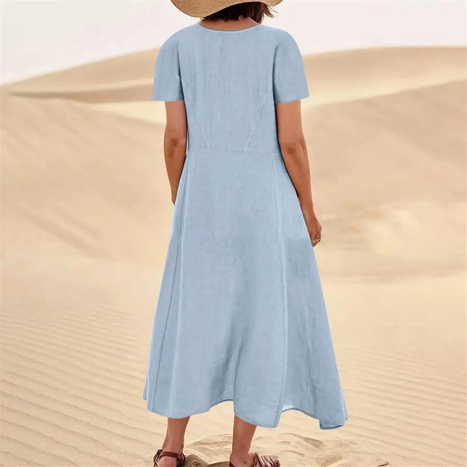Women's Long Linen Cotton Summer Dresses Short Sleeve Elegant Flowy Dresses Loose Solid Loungewear Dress with Pockets