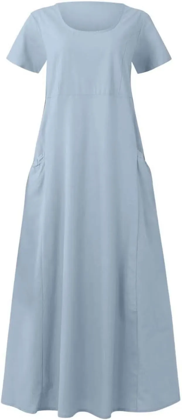 Women's Long Linen Cotton Summer Dresses Short Sleeve Elegant Flowy Dresses Loose Solid Loungewear Dress with Pockets
