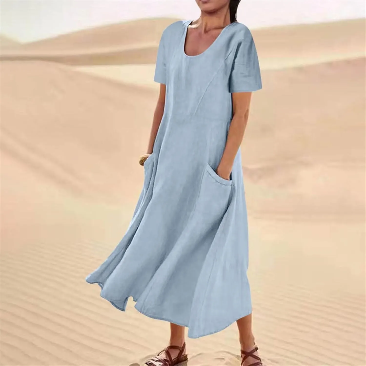 Women's Long Linen Cotton Summer Dresses Short Sleeve Elegant Flowy Dresses Loose Solid Loungewear Dress with Pockets