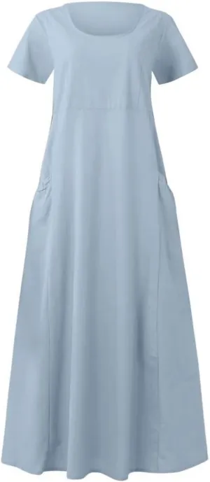 Women's Long Linen Cotton Summer Dresses Short Sleeve Elegant Flowy Dresses Loose Solid Loungewear Dress with Pockets