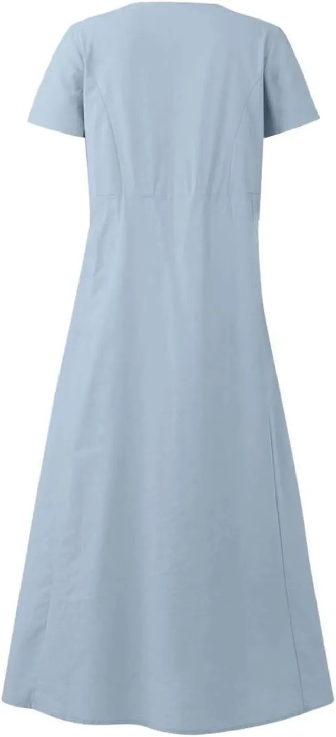 Women's Long Linen Cotton Summer Dresses Short Sleeve Elegant Flowy Dresses Loose Solid Loungewear Dress with Pockets