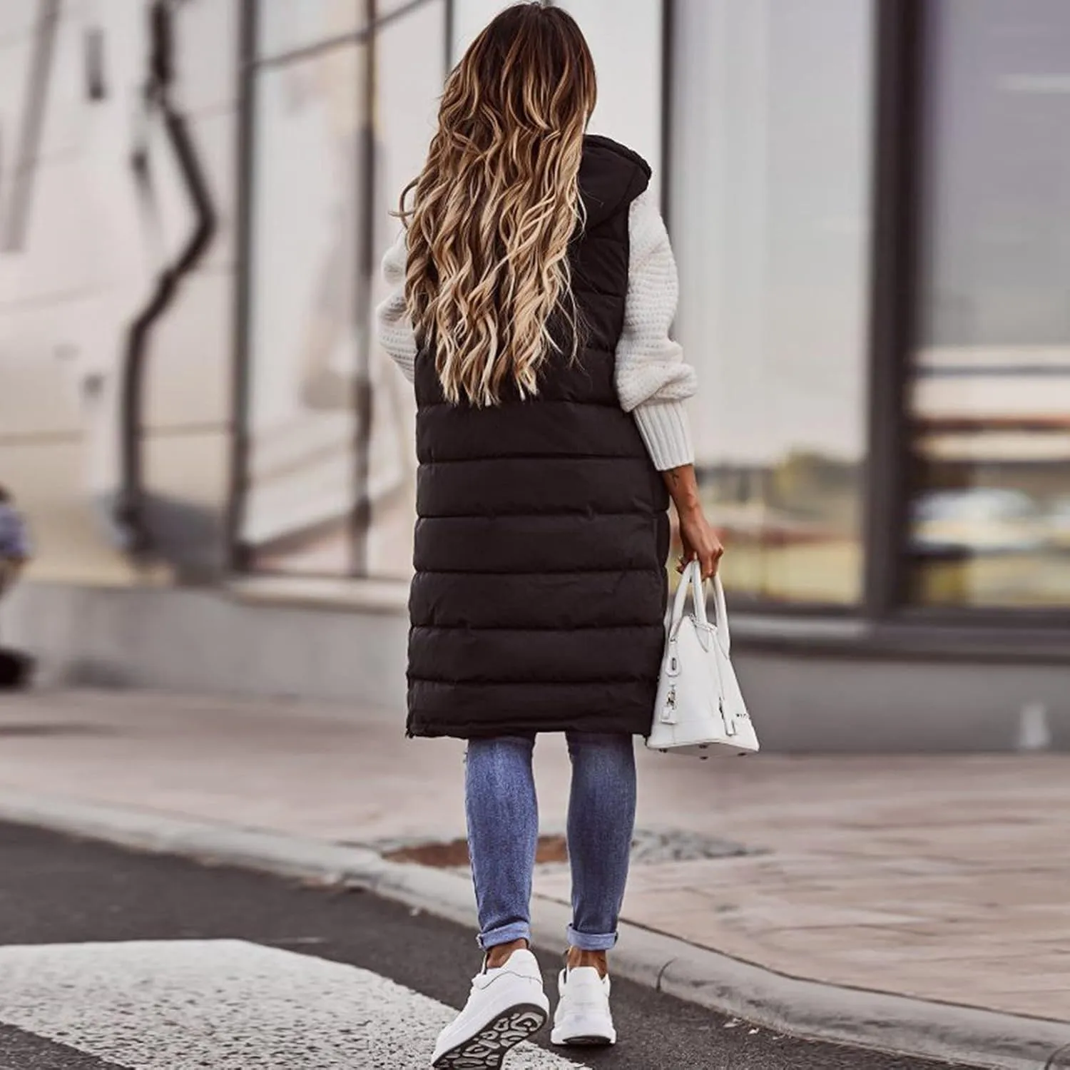 Womens Long Puffer Vest Coats Vest Hooded Sleeveless Warm Cotton Coat with Pockets Winter Outerwear Vests with
