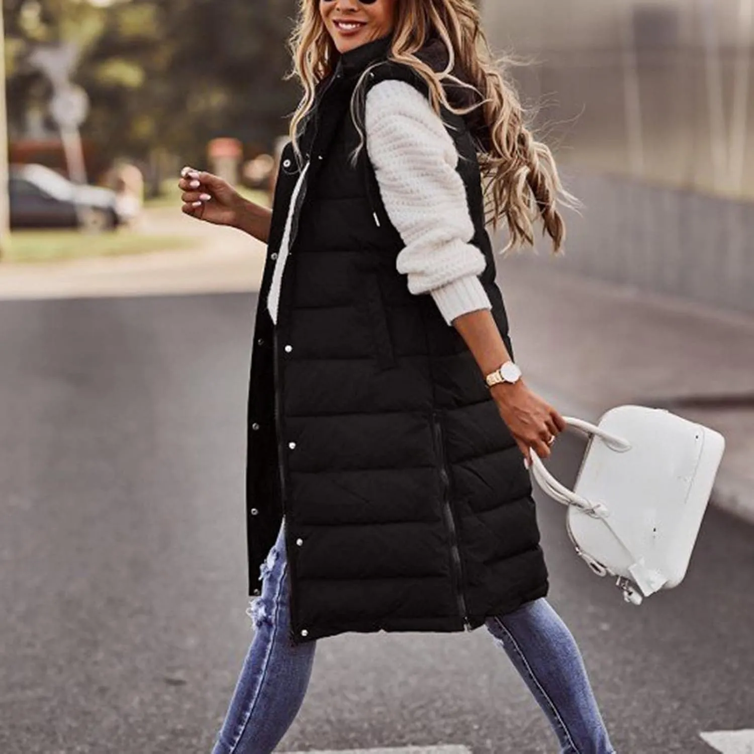 Womens Long Puffer Vest Coats Vest Hooded Sleeveless Warm Cotton Coat with Pockets Winter Outerwear Vests with