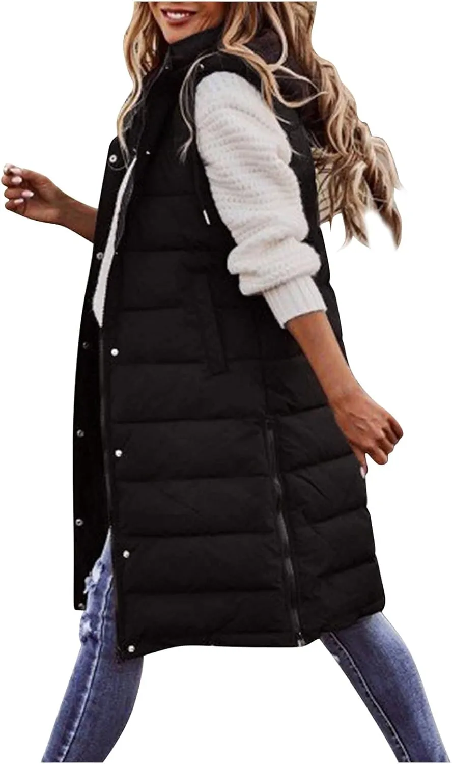 Womens Long Puffer Vest Coats Vest Hooded Sleeveless Warm Cotton Coat with Pockets Winter Outerwear Vests with
