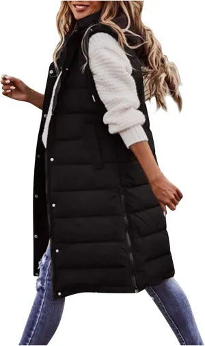 Womens Long Puffer Vest Coats Vest Hooded Sleeveless Warm Cotton Coat with Pockets Winter Outerwear Vests with