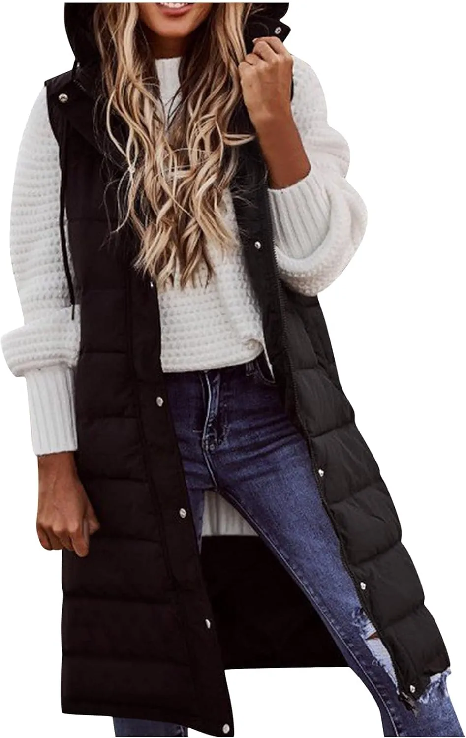 Womens Long Puffer Vest Coats Vest Hooded Sleeveless Warm Cotton Coat with Pockets Winter Outerwear Vests with