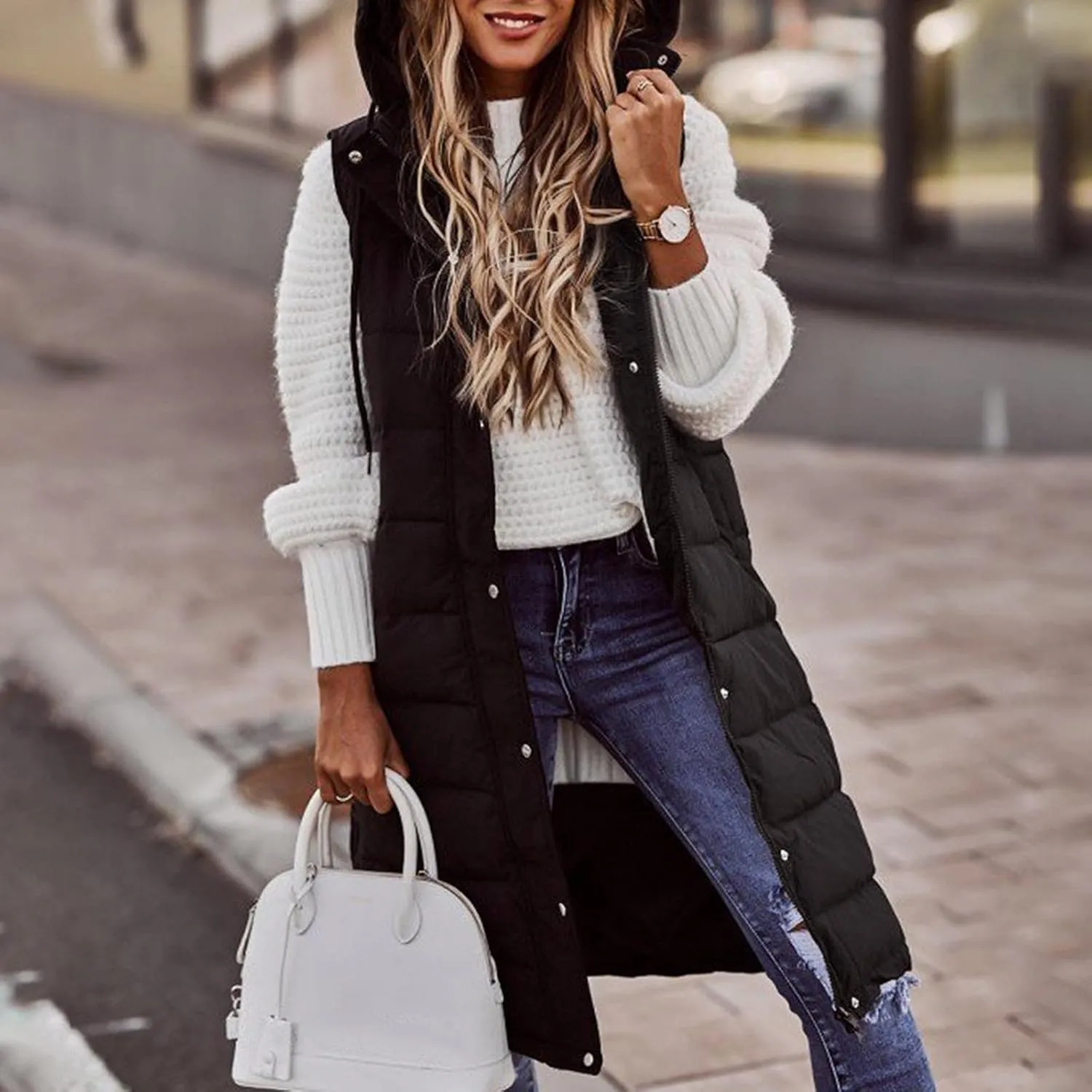 Womens Long Puffer Vest Coats Vest Hooded Sleeveless Warm Cotton Coat with Pockets Winter Outerwear Vests with