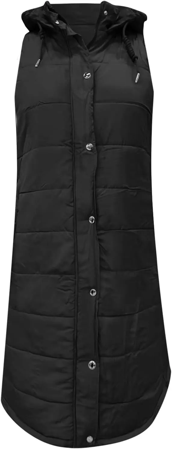 Womens Long Puffer Vest Coats Vest Hooded Sleeveless Warm Cotton Coat with Pockets Winter Outerwear Vests with