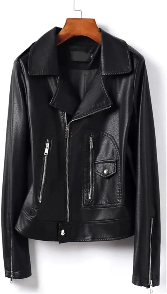 Womens Moto Biker Sheepskin Leather Jackets Short Diagonal Zipper Sheepskin Casual Jackets Coats