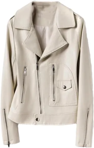 Womens Moto Biker Sheepskin Leather Jackets Short Diagonal Zipper Sheepskin Casual Jackets Coats