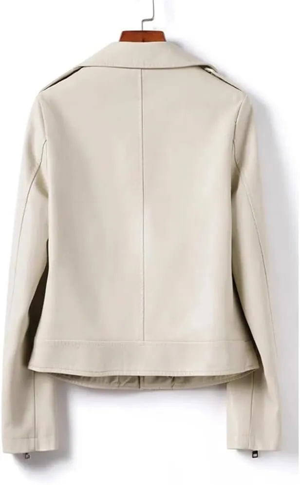 Womens Moto Biker Sheepskin Leather Jackets Short Diagonal Zipper Sheepskin Casual Jackets Coats
