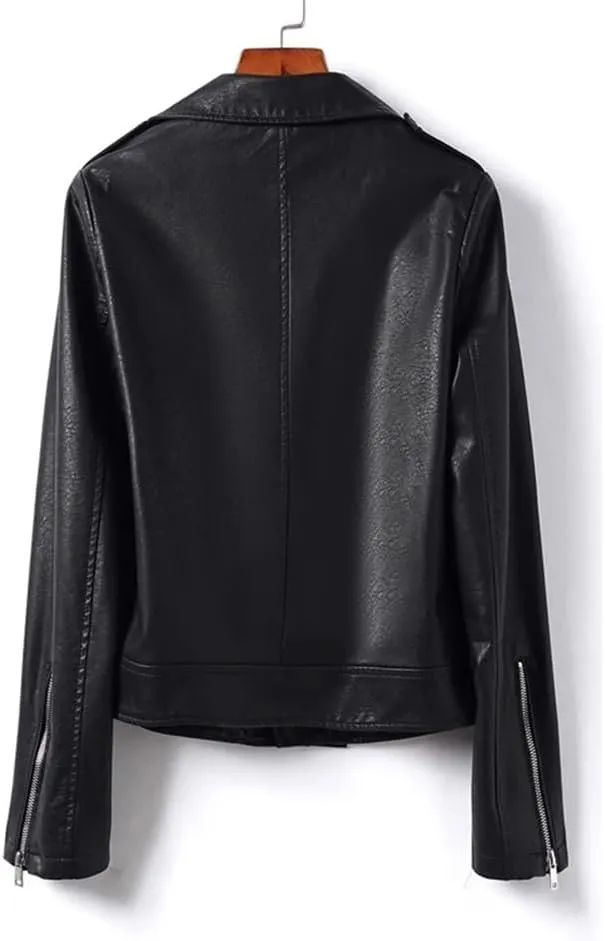 Womens Moto Biker Sheepskin Leather Jackets Short Diagonal Zipper Sheepskin Casual Jackets Coats