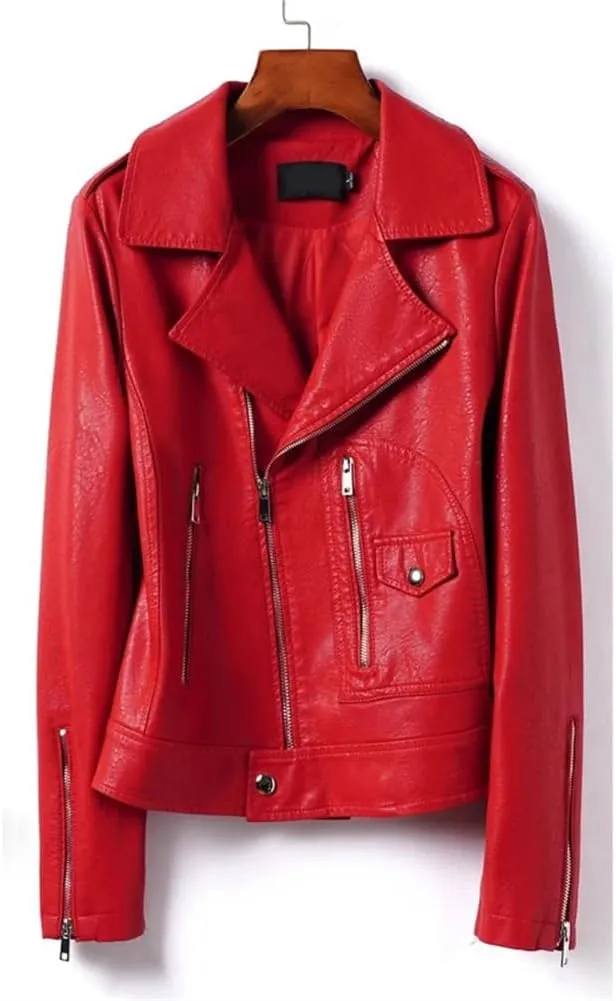 Womens Moto Biker Sheepskin Leather Jackets Short Diagonal Zipper Sheepskin Casual Jackets Coats