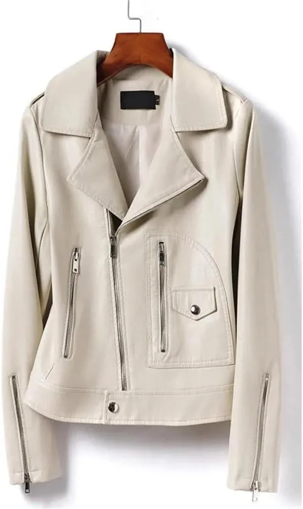 Womens Moto Biker Sheepskin Leather Jackets Short Diagonal Zipper Sheepskin Casual Jackets Coats