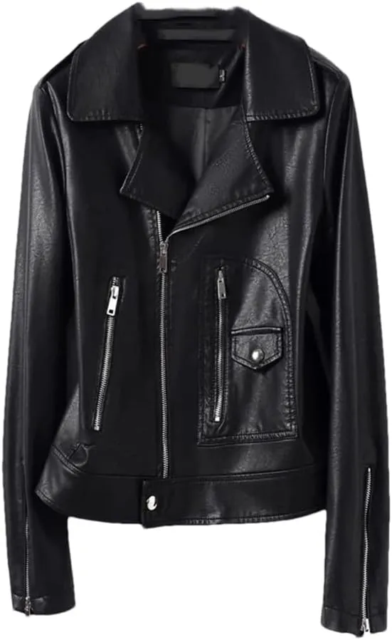 Womens Moto Biker Sheepskin Leather Jackets Short Diagonal Zipper Sheepskin Casual Jackets Coats