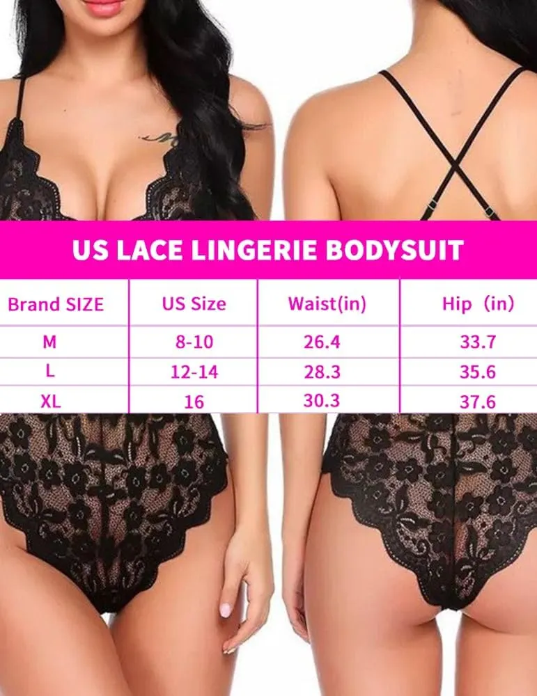 Womens One Piece Lingerie Comfortable Floral Sexy Lace Bodysuit Deep V Teddy Lingerie