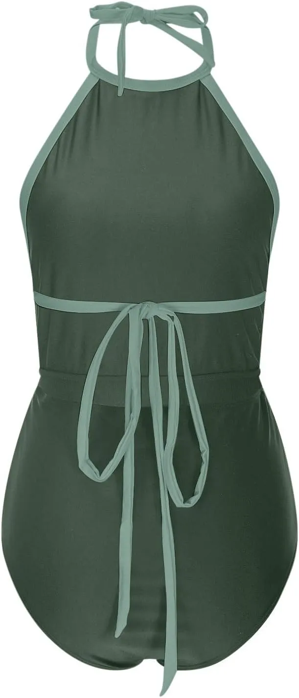 Womens One Piece Swimsuits Tummy Control Bathing Suits Halter Neck Swimming Suits Backless Monokini Sexy Swimwear