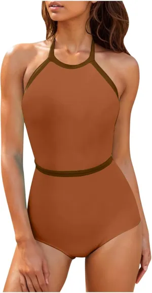 Womens One Piece Swimsuits Tummy Control Bathing Suits Halter Neck Swimming Suits Backless Monokini Sexy Swimwear
