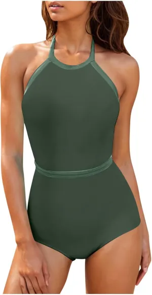 Womens One Piece Swimsuits Tummy Control Bathing Suits Halter Neck Swimming Suits Backless Monokini Sexy Swimwear