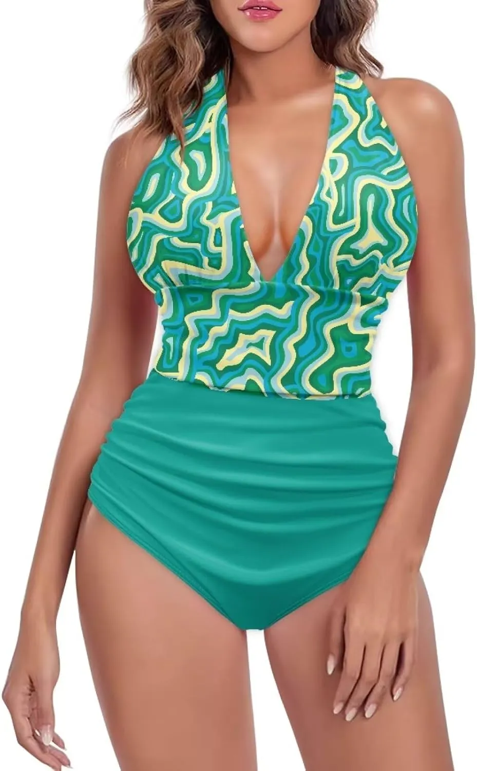Women's One Piece Swimsuits Tummy Control Bathing Suits Push Up Bathingsuits Padded Swim Suits Geometric Pattern