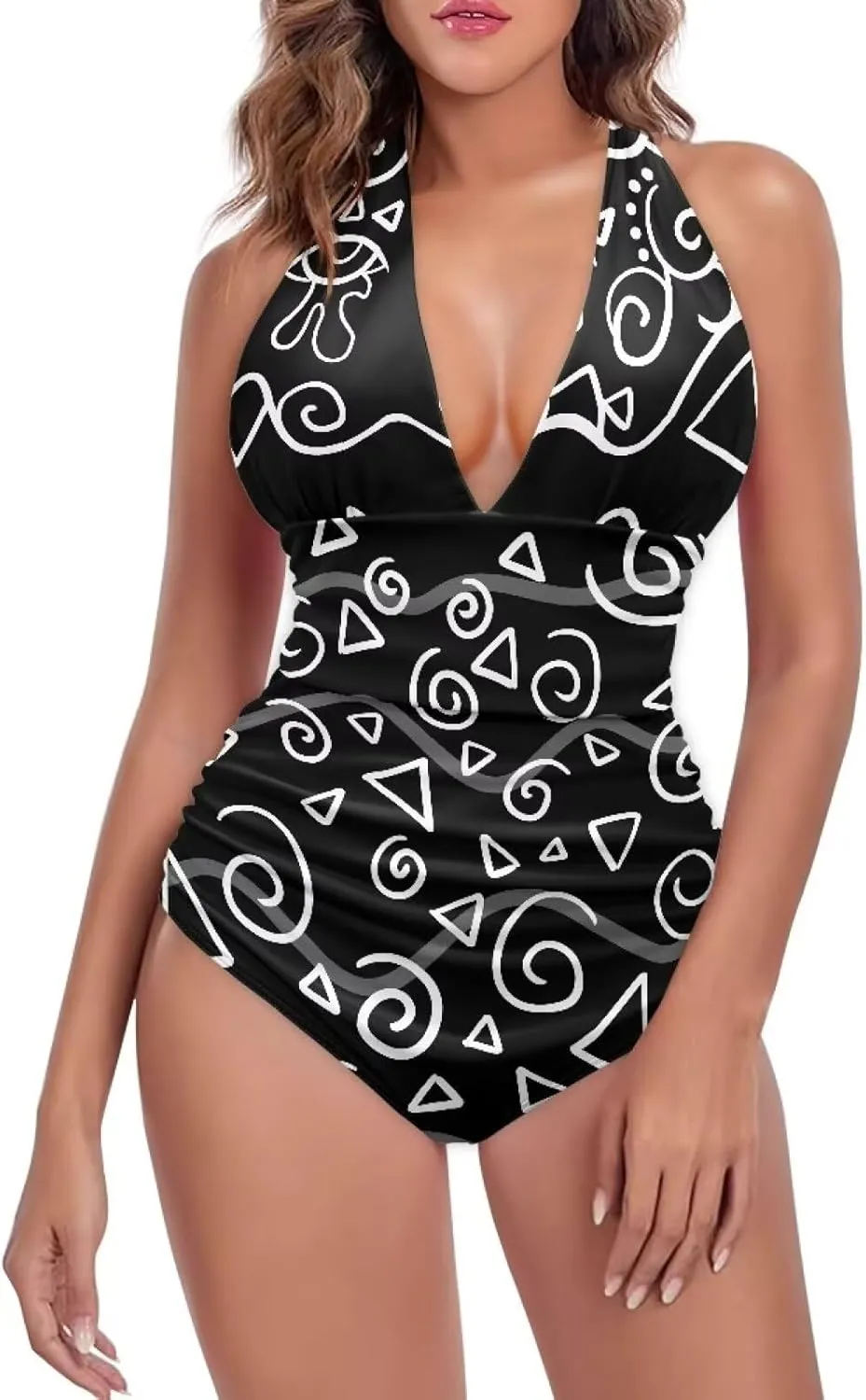 Women's One Piece Swimsuits Tummy Control Bathing Suits Push Up Bathingsuits Padded Swim Suits Geometric Pattern
