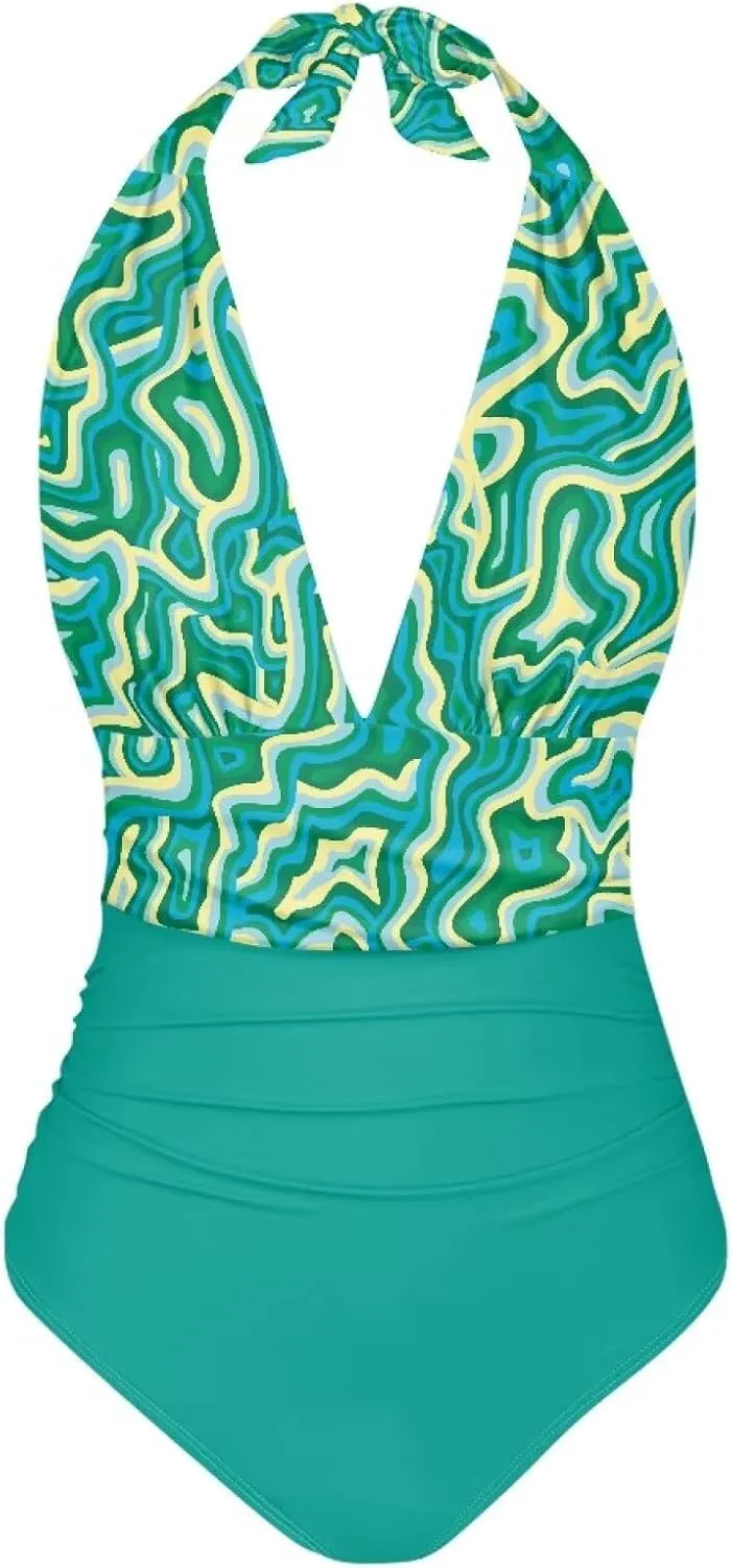 Women's One Piece Swimsuits Tummy Control Bathing Suits Push Up Bathingsuits Padded Swim Suits Geometric Pattern