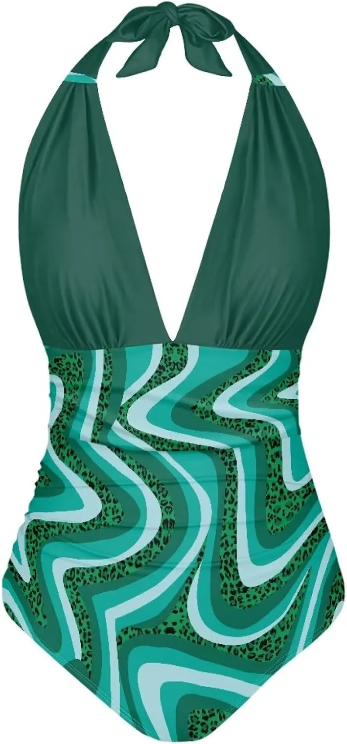 Women's One Piece Swimsuits Tummy Control Bathing Suits Push Up Bathingsuits Padded Swim Suits Geometric Pattern