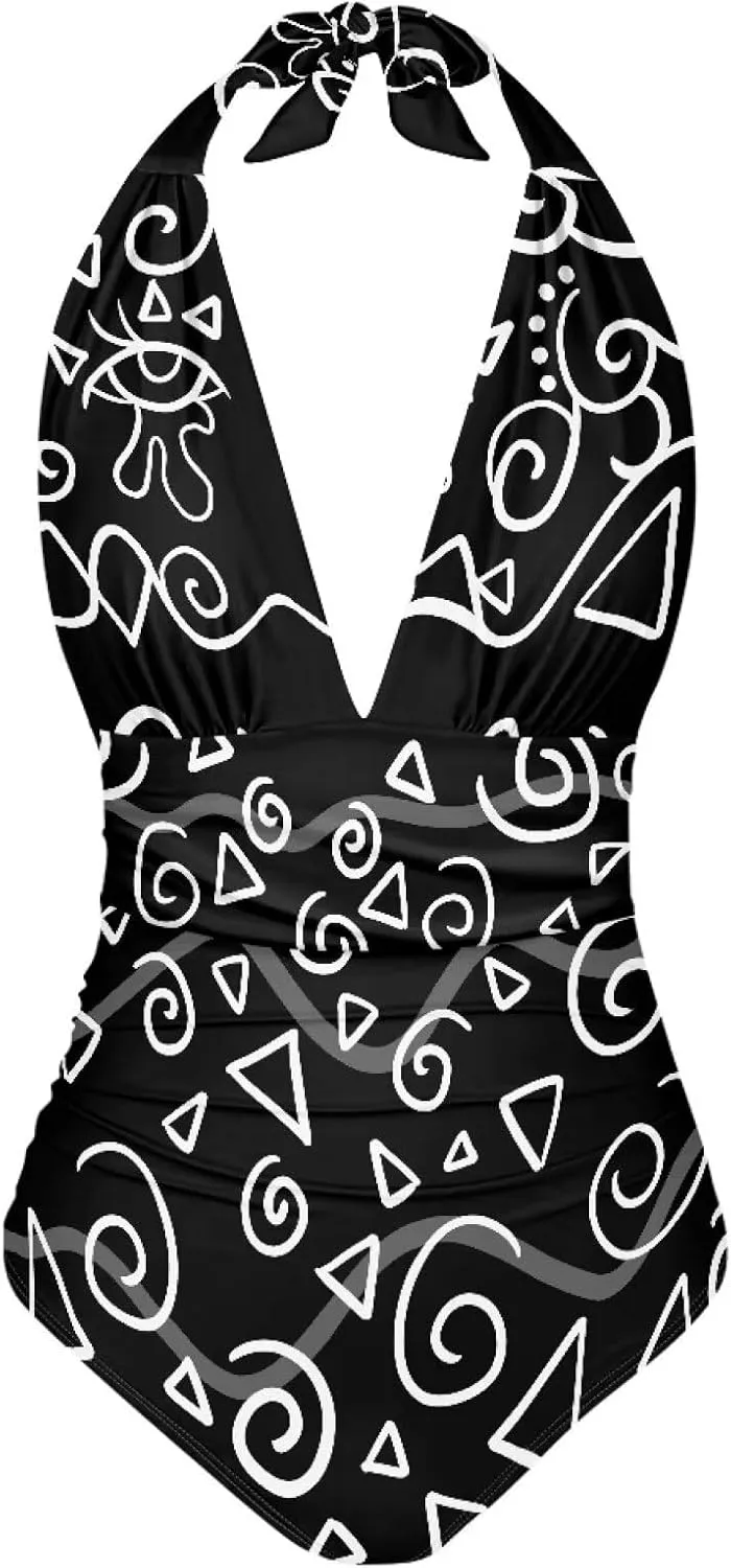 Women's One Piece Swimsuits Tummy Control Bathing Suits Push Up Bathingsuits Padded Swim Suits Geometric Pattern
