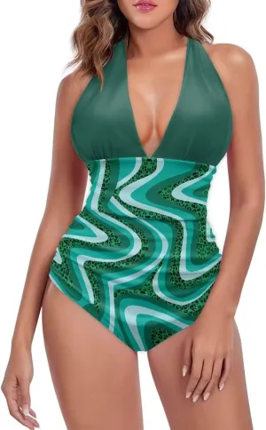 Women's One Piece Swimsuits Tummy Control Bathing Suits Push Up Bathingsuits Padded Swim Suits Geometric Pattern