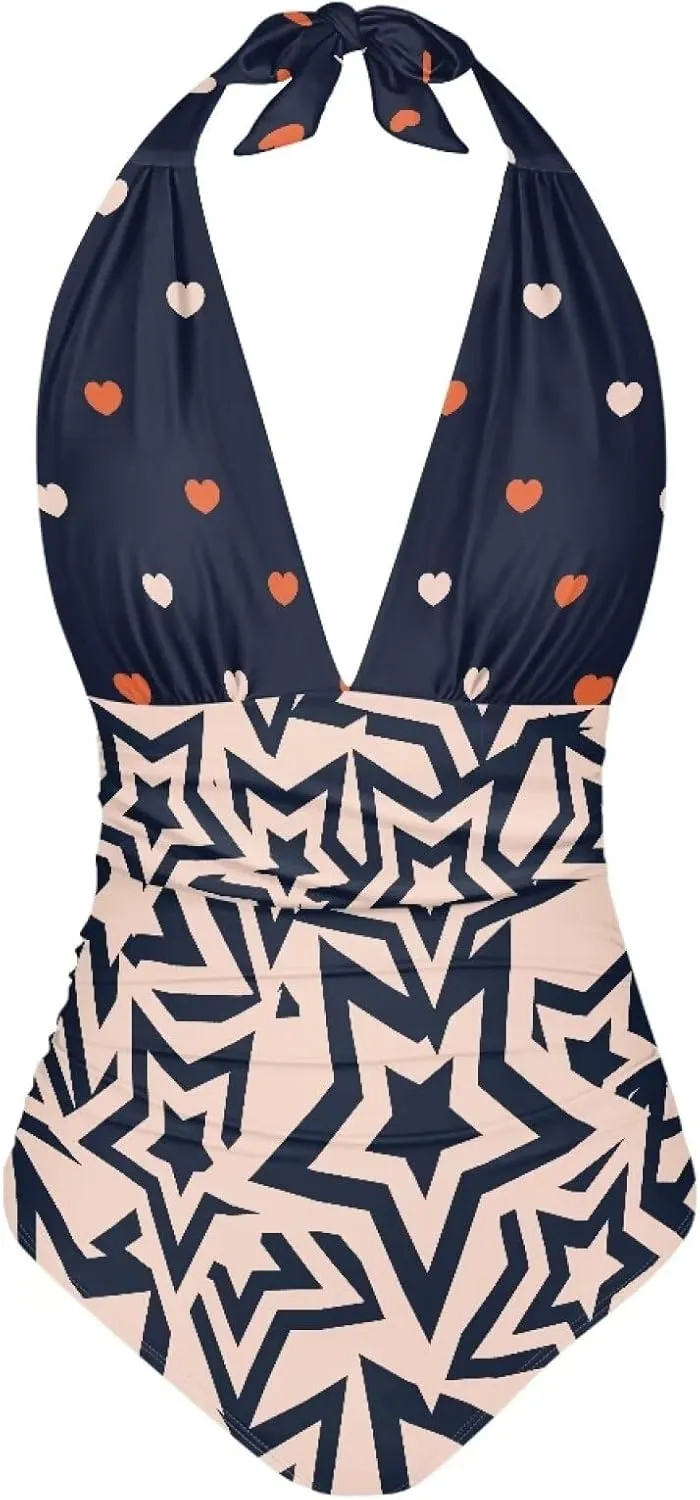 Women's One Piece Swimsuits Tummy Control Bathing Suits Push Up Bathingsuits Padded Swim Suits Geometric Pattern
