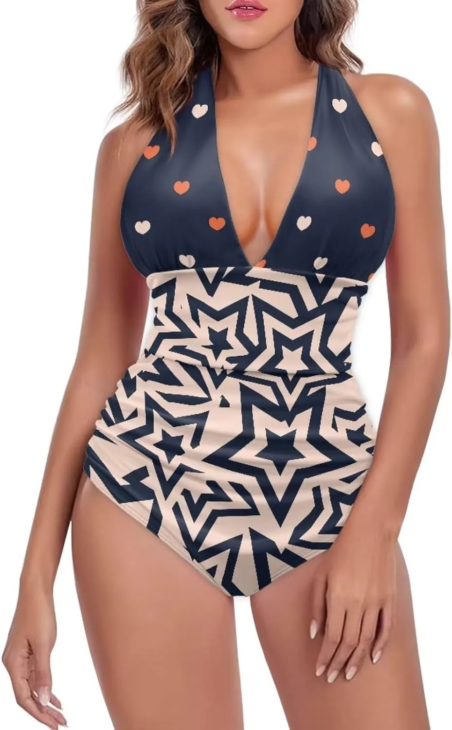 Women's One Piece Swimsuits Tummy Control Bathing Suits Push Up Bathingsuits Padded Swim Suits Geometric Pattern