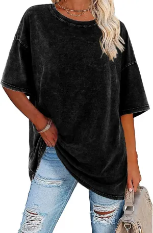 Womens Oversized T-Shirt Washed Tees Half Sleeve Crewneck Summer Casual Pullover Loose Blouse Tops