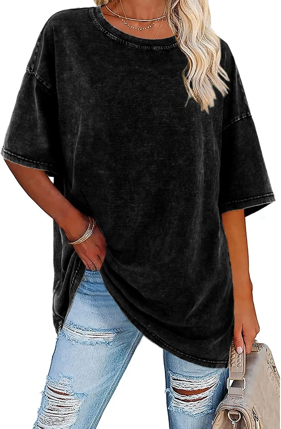Womens Oversized T-Shirt Washed Tees Half Sleeve Crewneck Summer Casual Pullover Loose Blouse Tops