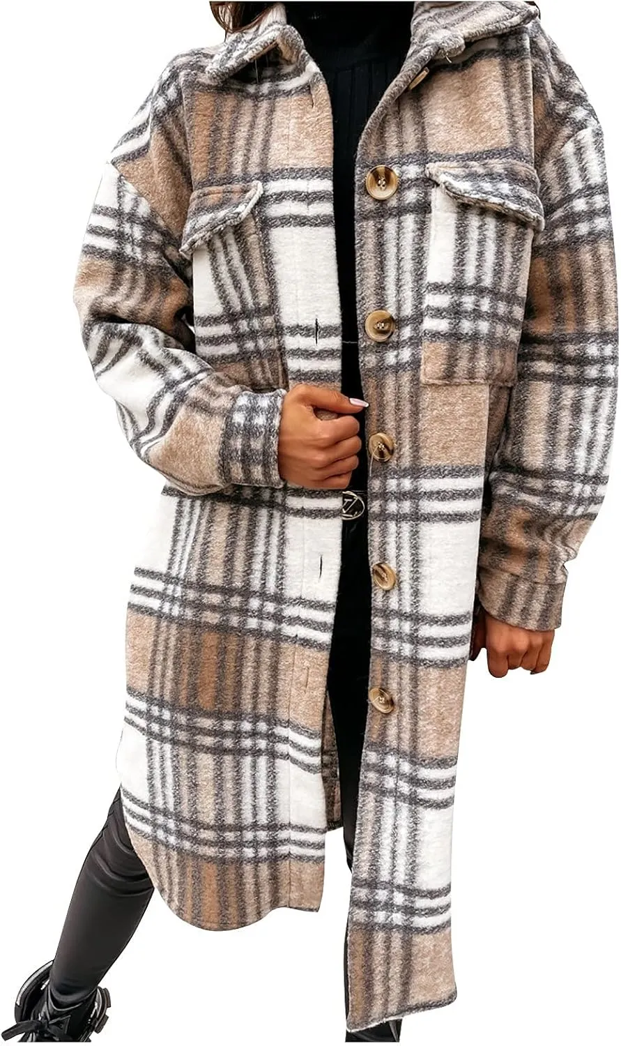 Women's Plaid Shacket Jacket Long Sleeve Flannel Long Shirt Coat Lapel Button Up Lounge Tartan Outerwear with Pockets