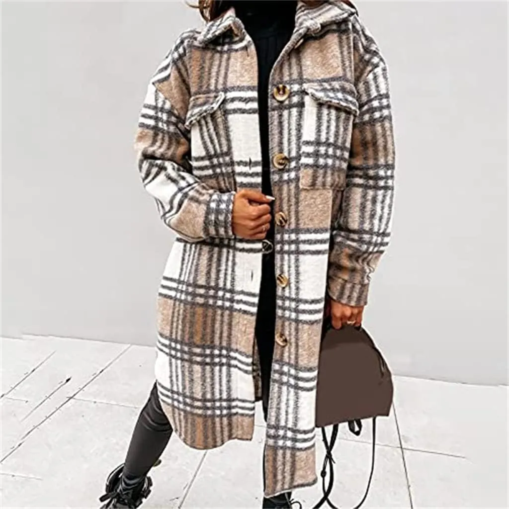 Women's Plaid Shacket Jacket Long Sleeve Flannel Long Shirt Coat Lapel Button Up Lounge Tartan Outerwear with Pockets