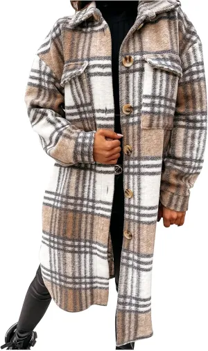 Women's Plaid Shacket Jacket Long Sleeve Flannel Long Shirt Coat Lapel Button Up Lounge Tartan Outerwear with Pockets