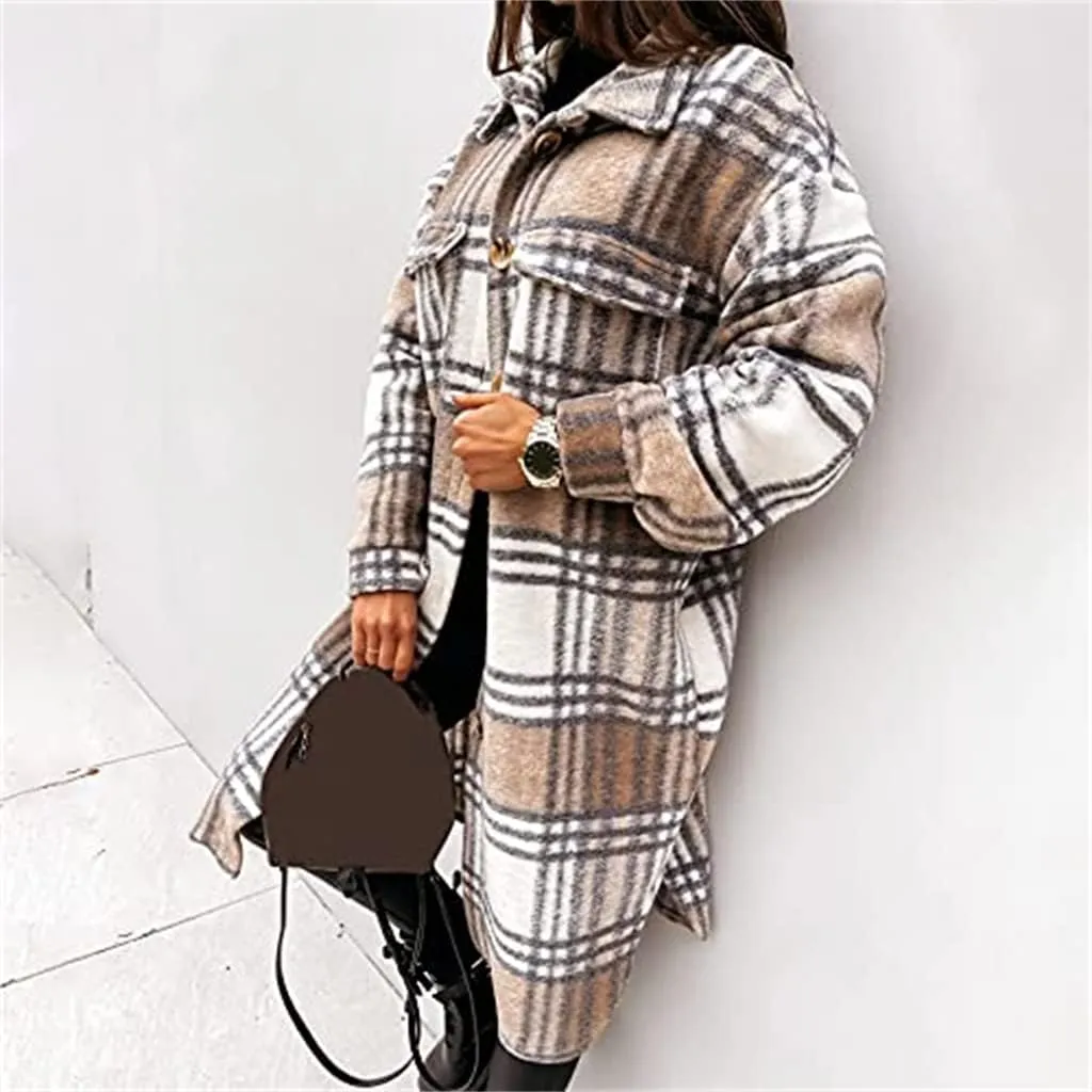 Women's Plaid Shacket Jacket Long Sleeve Flannel Long Shirt Coat Lapel Button Up Lounge Tartan Outerwear with Pockets