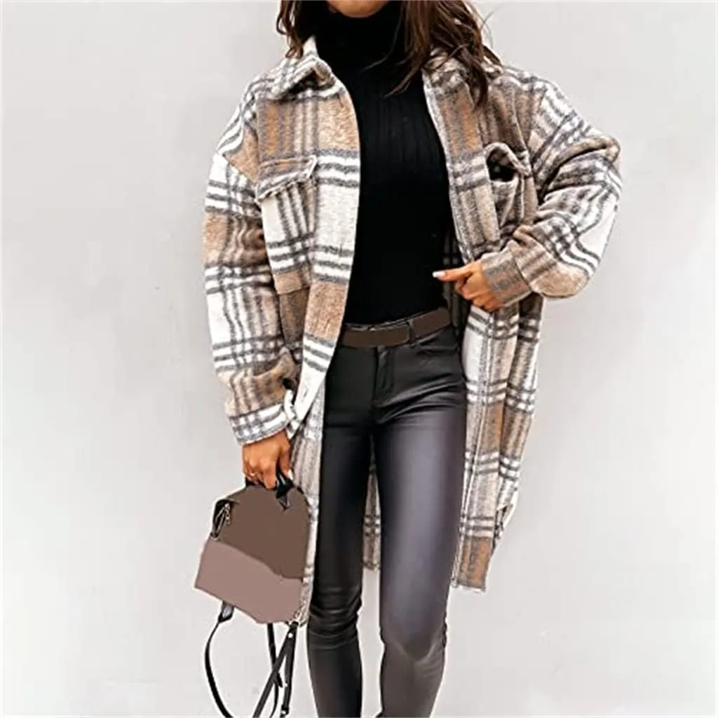 Women's Plaid Shacket Jacket Long Sleeve Flannel Long Shirt Coat Lapel Button Up Lounge Tartan Outerwear with Pockets
