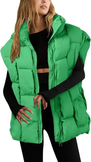 Womens Puffer Vest Oversized Down Jacket Stand Collar Lightweight Warm Winter Coat Sleeveless Zip Up Bubble Outwear