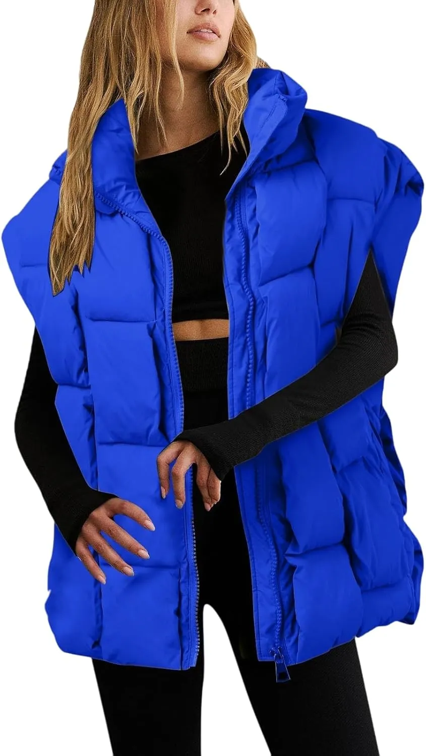 Womens Puffer Vest Oversized Down Jacket Stand Collar Lightweight Warm Winter Coat Sleeveless Zip Up Bubble Outwear