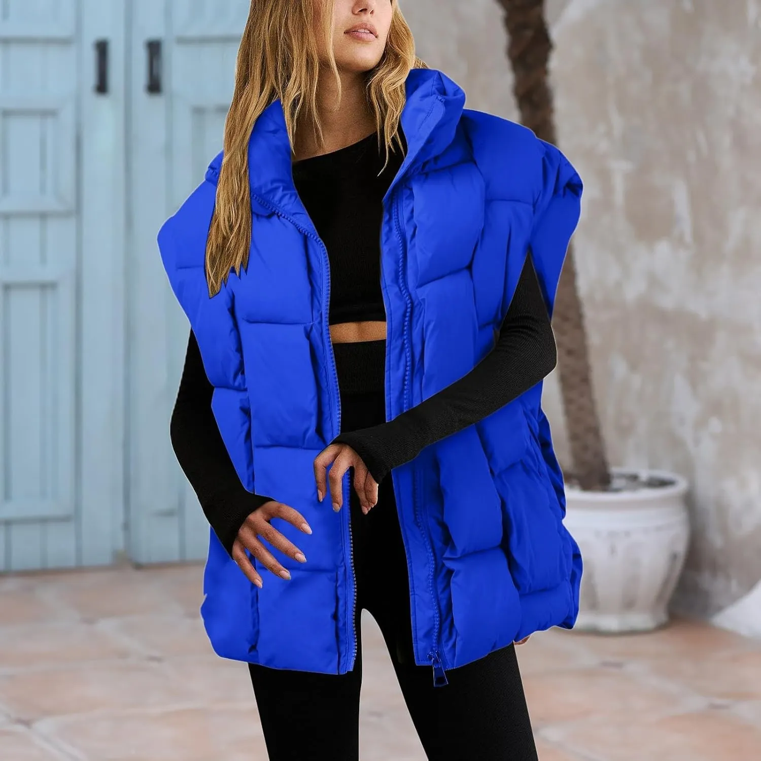 Womens Puffer Vest Oversized Down Jacket Stand Collar Lightweight Warm Winter Coat Sleeveless Zip Up Bubble Outwear