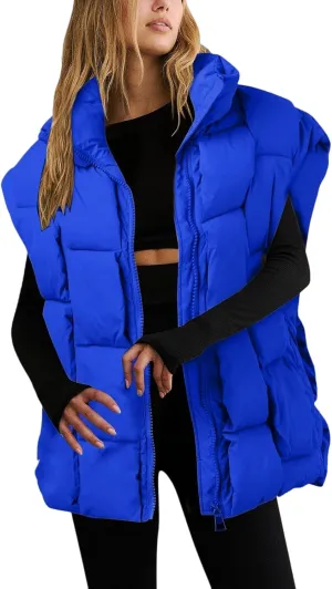 Womens Puffer Vest Oversized Down Jacket Stand Collar Lightweight Warm Winter Coat Sleeveless Zip Up Bubble Outwear