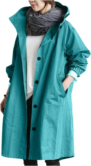 Womens Rain Jackets Waterproof with Hood Plus Size Long Raincoat Lightweight Hooded Windbreaker Jackets
