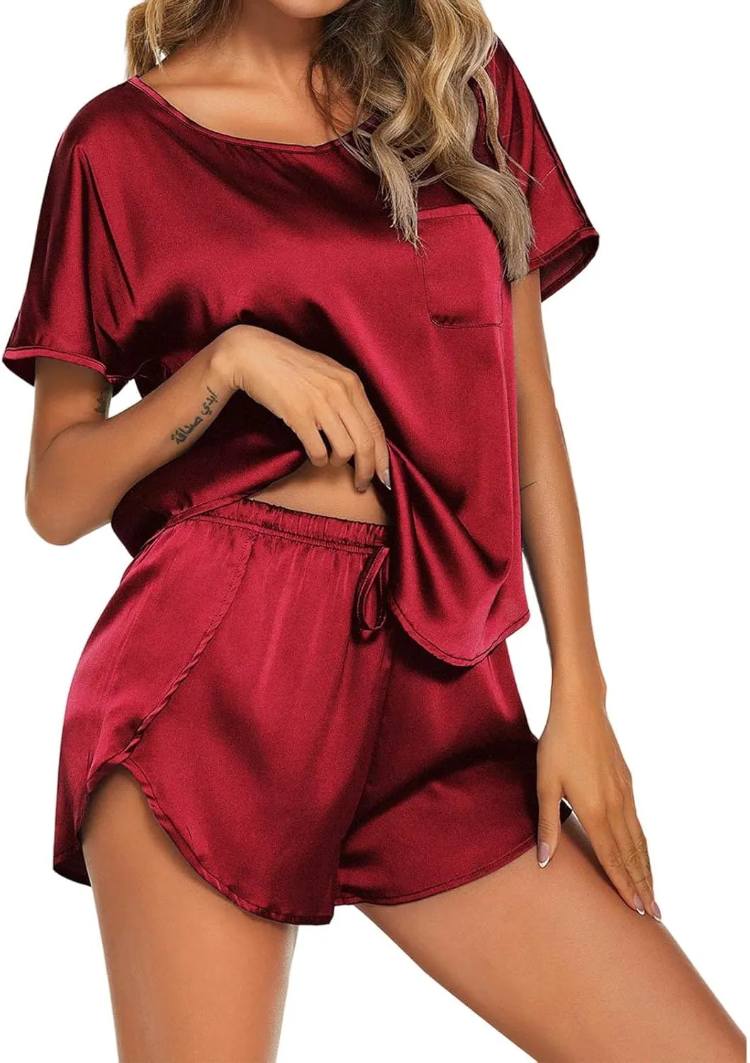 Women's Satin Pajama Set 2 Piece Silk Lounge Sets Short Sleeve Tshirts Shorts Set PJ Loungewear Sleepwear