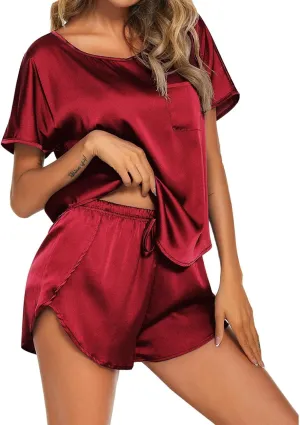 Women's Satin Pajama Set 2 Piece Silk Lounge Sets Short Sleeve Tshirts Shorts Set PJ Loungewear Sleepwear